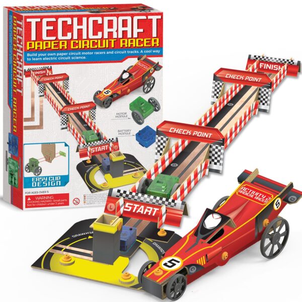 4M TechCraft Paper Circuit Racer science kit box and assembled racer and racetrack