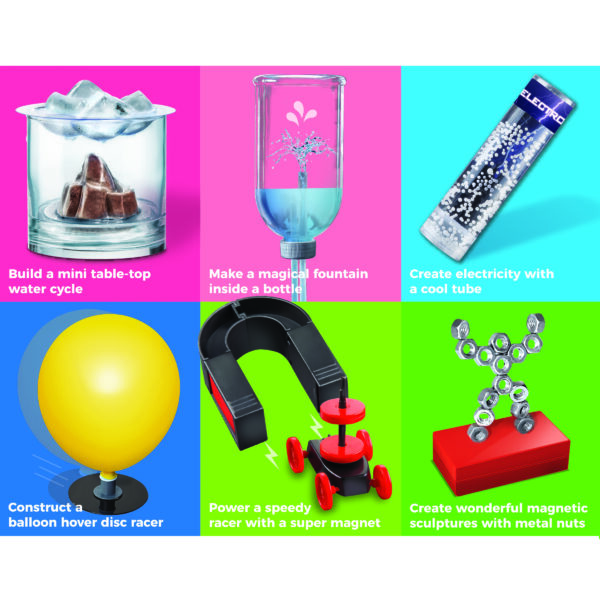 4M Scientific Discovery Kit sample experiments that can be done by the kit hovercraft magic fountain static electricity tube