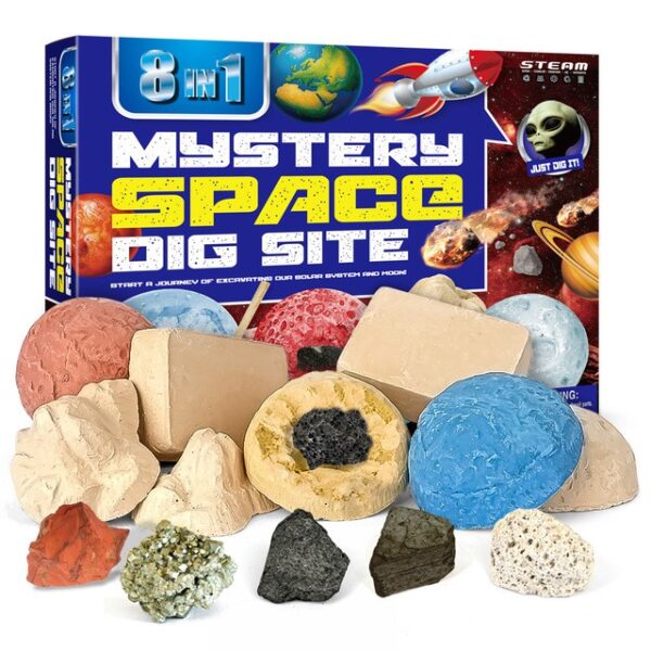 8 in 1 Mystery Space Dig Site Kit Box with contents and gems