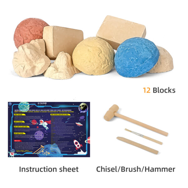 8 in 1 Mystery Space Dig Site Kit Box contents 12 blocks instruction sheet chisel hammer brush