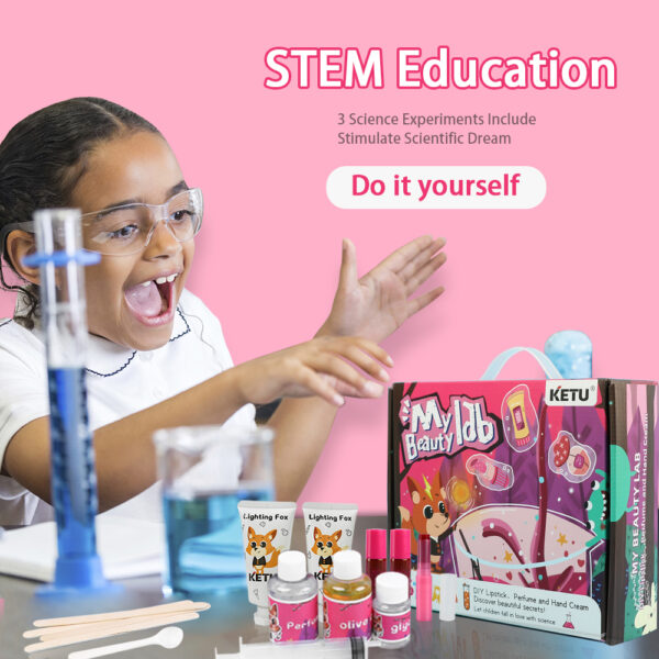 Amazed child looking at our My Beauty Lab science kit box and contents