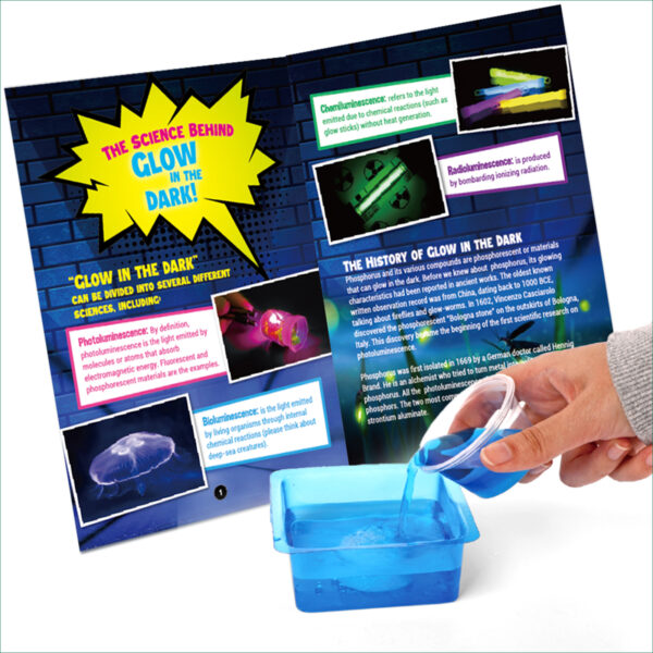 Glow in the dark science kit instruction manual with hand pouring liquid in container